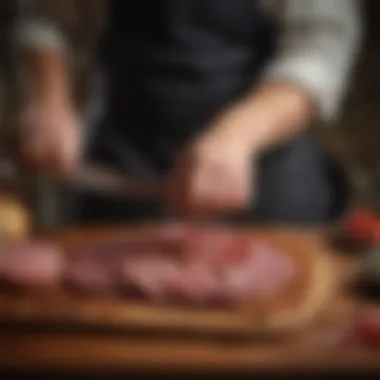 An artisan slicing spicy cured meats with precision, showcasing texture and marbling