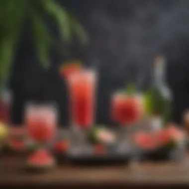 A beautifully arranged cocktail setup with various ingredients.