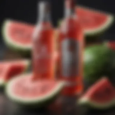 Close-up of watermelon slices and Ciroc bottle.