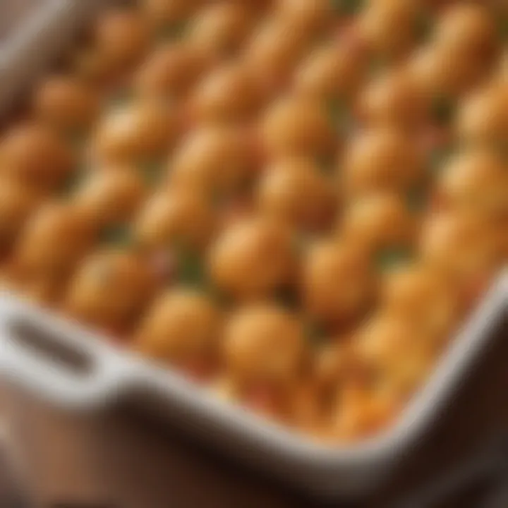 A close-up of a spoonful of cheesy tater tot casserole ready to be enjoyed