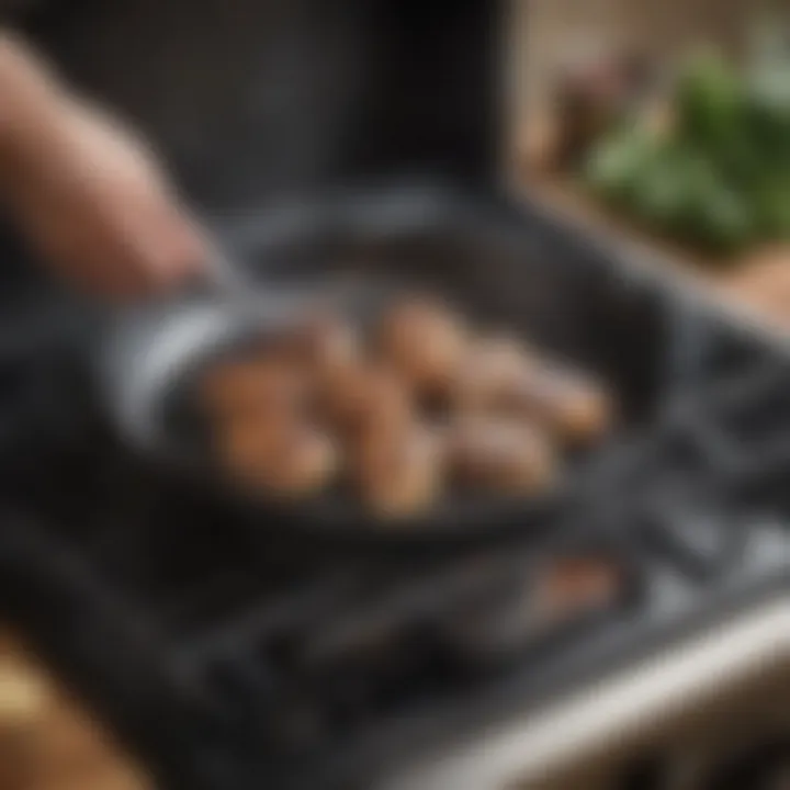 The grill pan in action on a stovetop, demonstrating its versatility