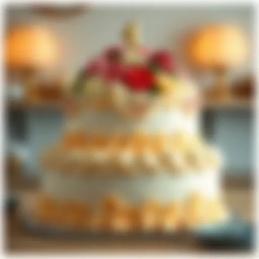 A beautifully decorated giant cake with intricate icing designs