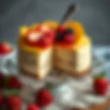 Artful Presentation of Cheesecake A beautifully presented cheesecake adorned with fresh fruits