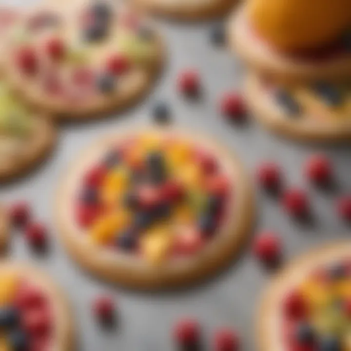 An array of ingredients used in making fruit pizza cookies, including various fruits, cookie base, and toppings.