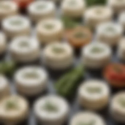 Close-up of beautifully arranged goat cheese varieties with herbs