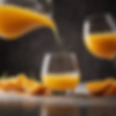 A close-up of fresh orange juice being poured into a glass