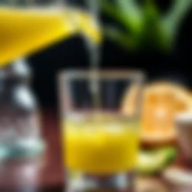 Close-up of aloe vera juice being poured into a glass with droplets of moisture