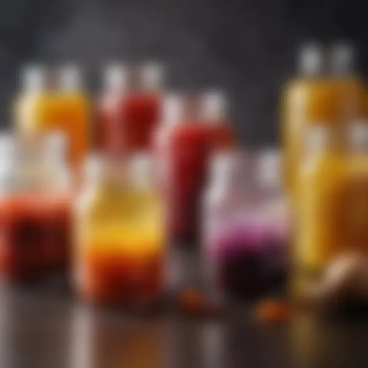 An assortment of brine mixtures in glass jars, showcasing vibrant colors.