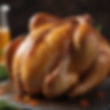 A close-up of perfectly brined chicken displaying a golden-brown hue.