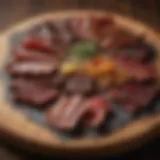 An assortment of jerky flavors on a wooden platter