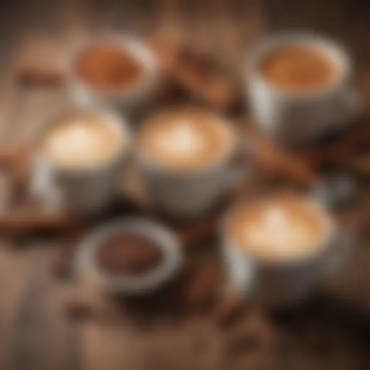 A variety of cinnamon coffee recipes displayed on a rustic wooden table.