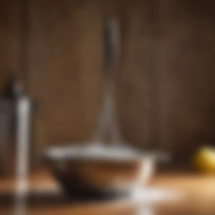 Close-up of a stainless steel whisk on a wooden countertop