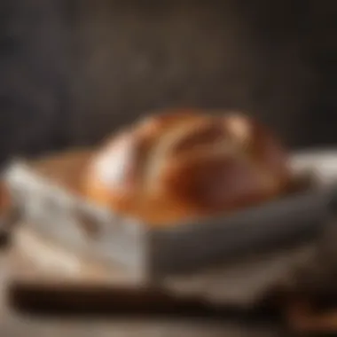 A beautifully baked loaf of bread resting in a well-used 9 x 5 loaf pan.