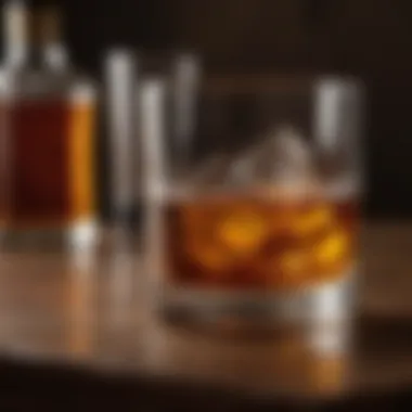 A glass of whiskey with rich amber color resting on a wooden table