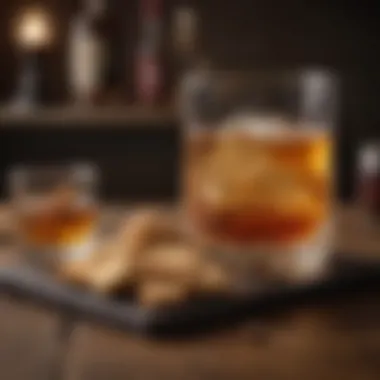 A whiskey glass accompanied by a selection of gourmet snacks for pairing