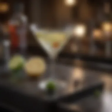 Essential martini ingredients neatly arranged on a bar set