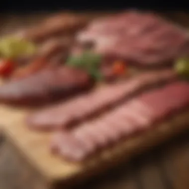 A selection of various meats suitable for smoking, laid out on a rustic wooden surface.