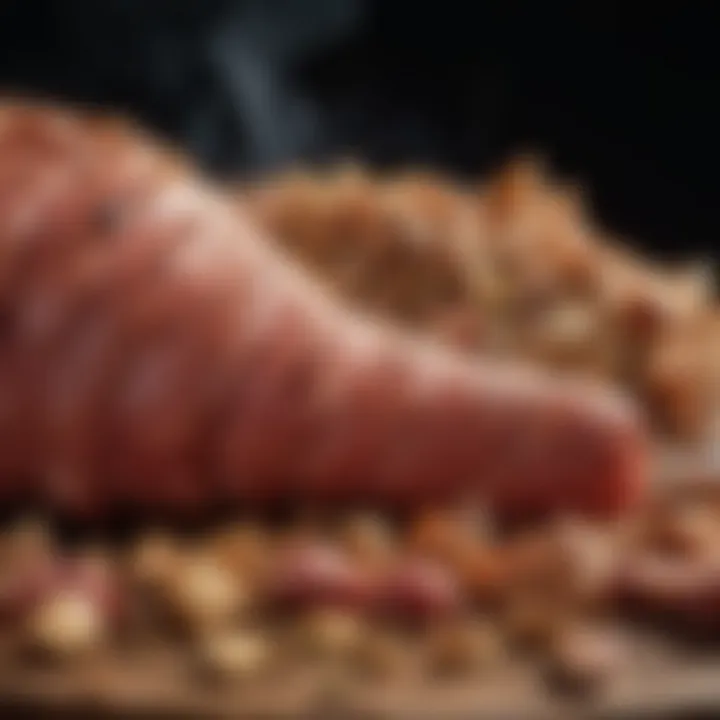 Close-up of a smoker filled with wood chips and seasoned meat ready for smoking.