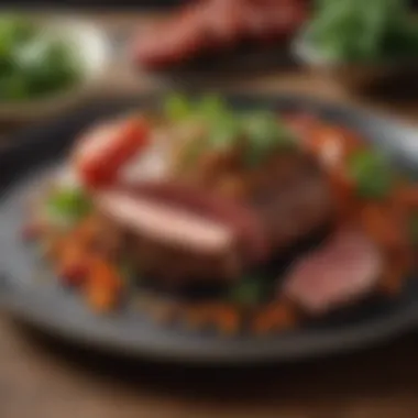Gourmet Presentation of Plant-Based Meat A gourmet dish featuring plant-based meat as a centerpiece, elegantly plated.
