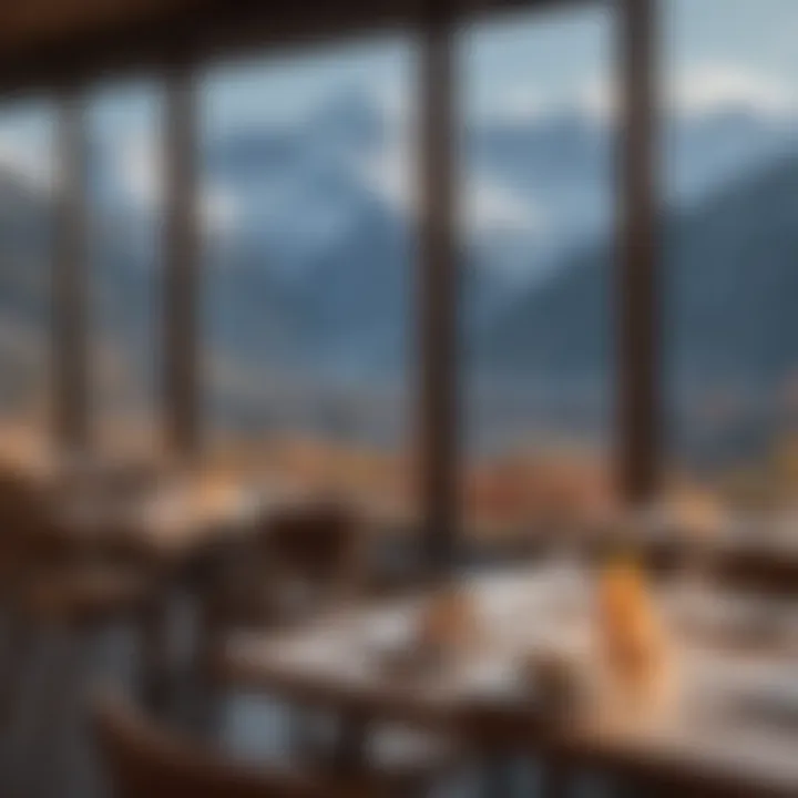 Elegant restaurant interior with large windows overlooking mountains