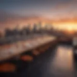 Panoramic view of a city skyline during sunset from a rooftop restaurant