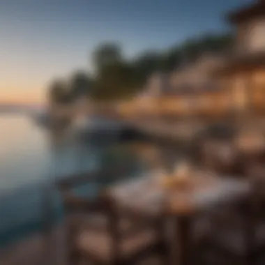 Charming waterfront dining area with boats in the background