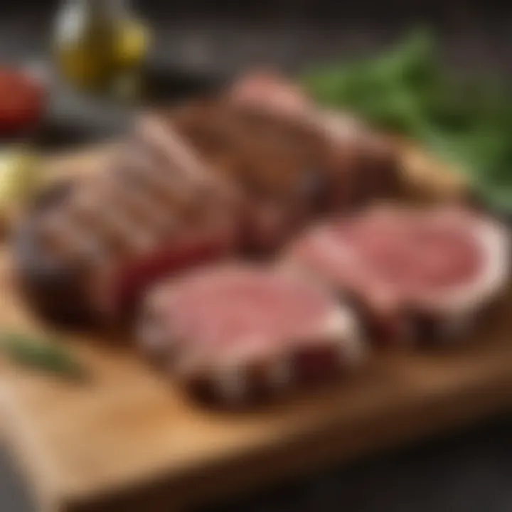 An array of ribeye cuts displayed on a wooden board, highlighting the differences in thickness and presentation.