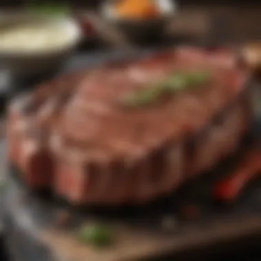 A close-up view of ribeye steak being seasoned, illustrating the importance of flavor enhancement.