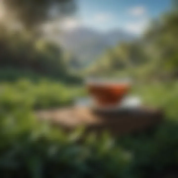 A serene tea garden with lush tea plants under clear blue skies