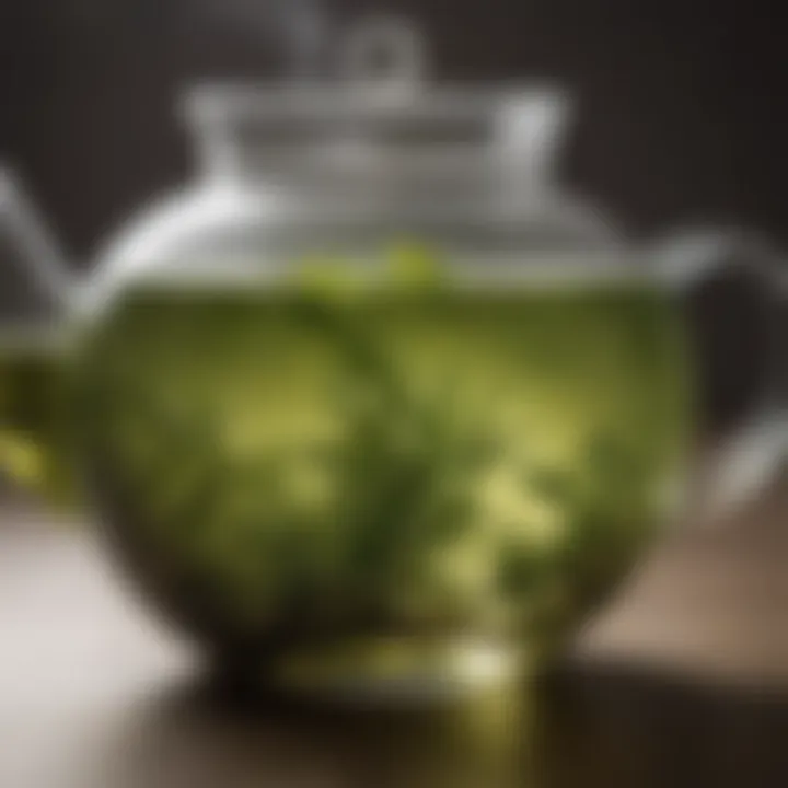 Close-up of freshly brewed green tea leaves steeping in a glass teapot