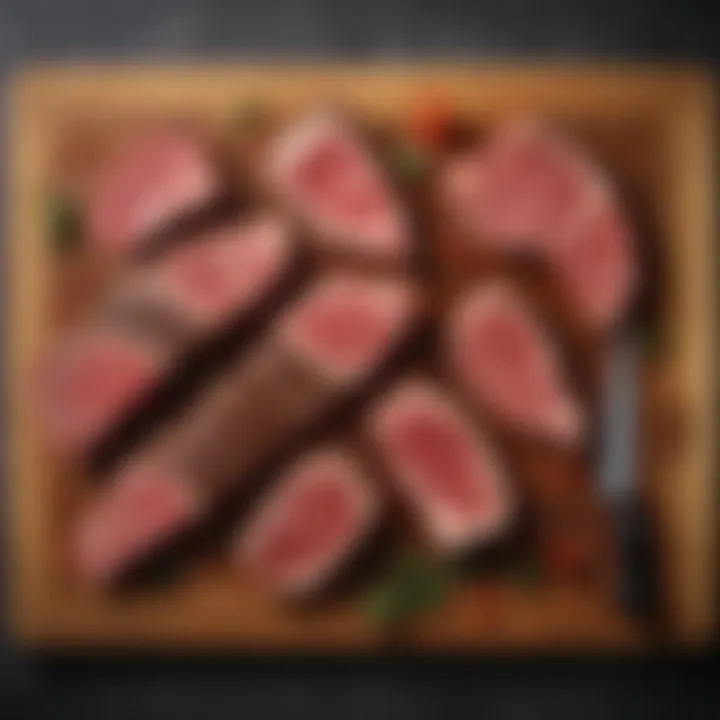 A vibrant display of various steak cuts arranged artistically on a cutting board.