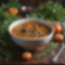 A bowl of hearty vegetable soup surrounded by winter herbs