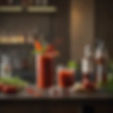 Elegant Presentation of Bloody Mary A beautifully styled Bloody Mary cocktail on a bar top, showcasing its elegant presentation