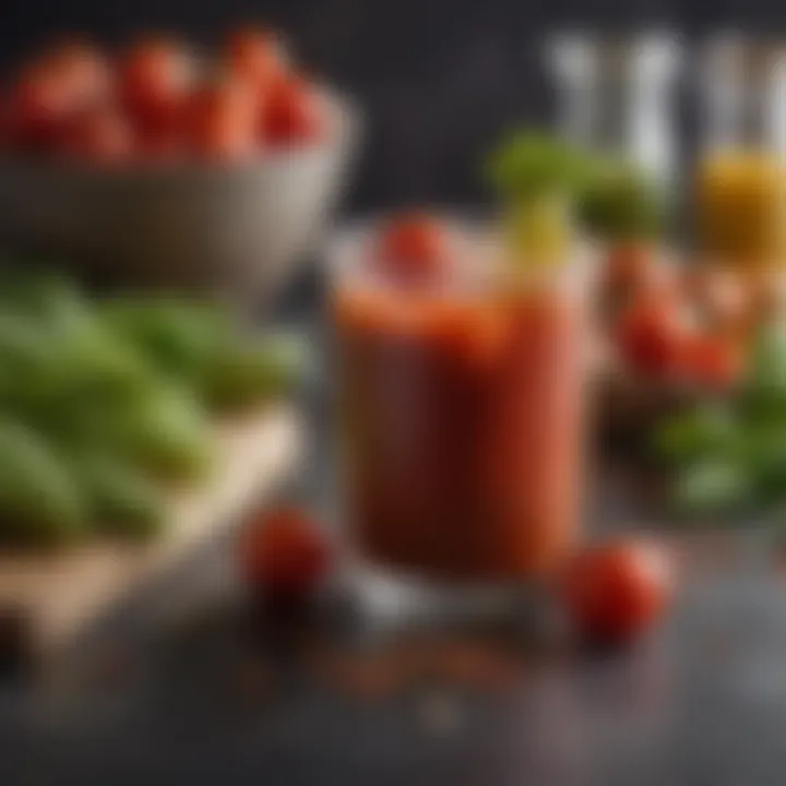 A close-up of fresh ingredients for a Bloody Mary, including tomatoes and spices