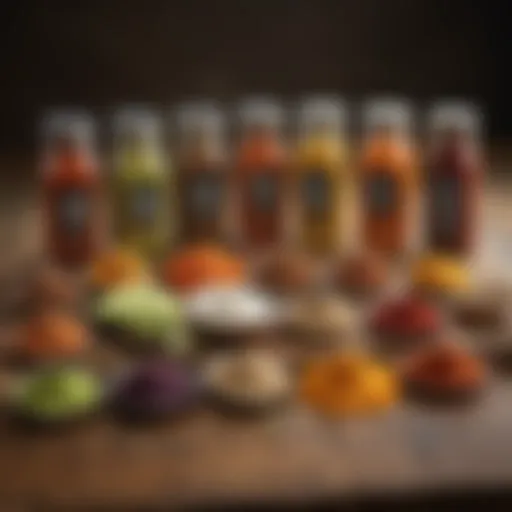 A vibrant array of Taco Bell seasonings displayed on a rustic table