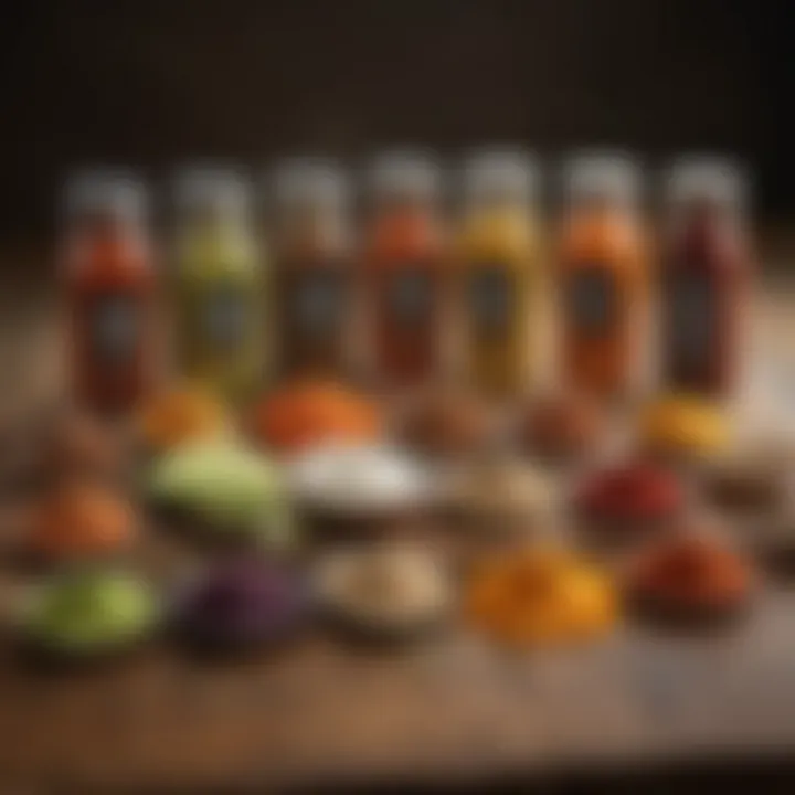 A vibrant array of Taco Bell seasonings displayed on a rustic table