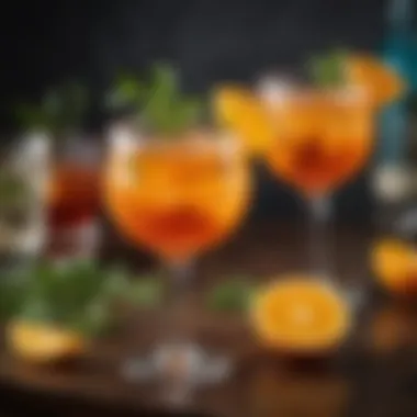 Colorful cocktails featuring orange and tequila garnished with fresh herbs