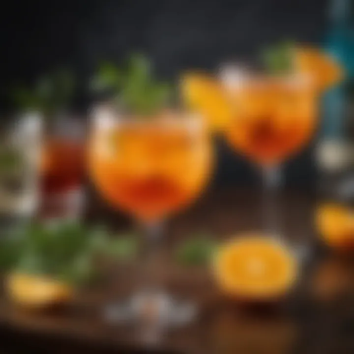 Colorful cocktails featuring orange and tequila garnished with fresh herbs