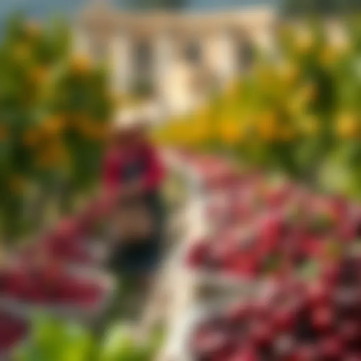 A historical depiction of cranberry harvesting with orange groves in the background