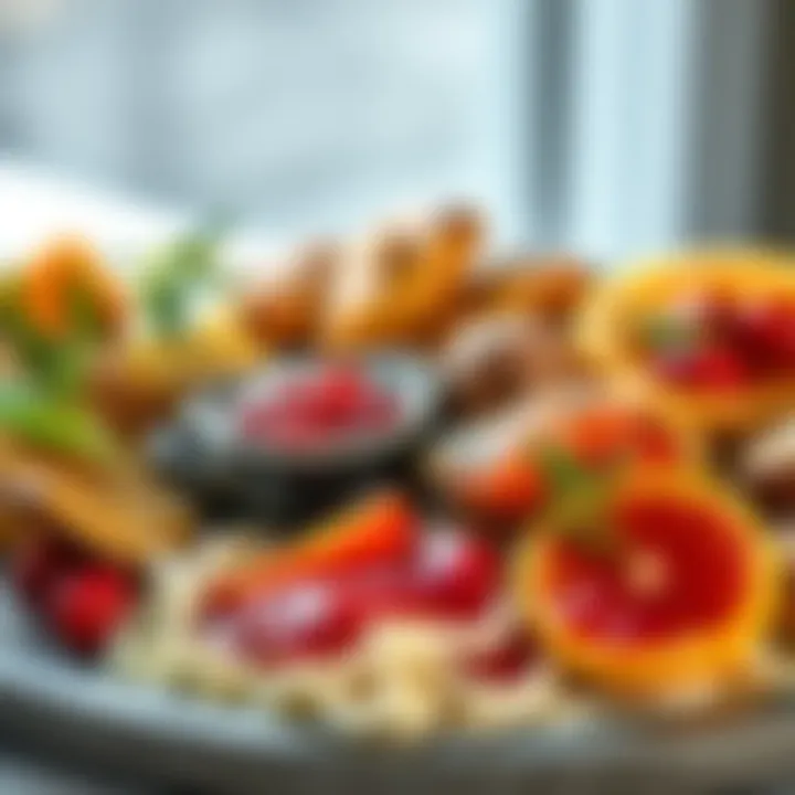 A beautifully arranged platter featuring dishes paired with cranberry and orange sauce