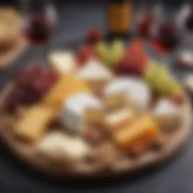 A beautifully arranged cheese platter with wine pairings and garnishes.