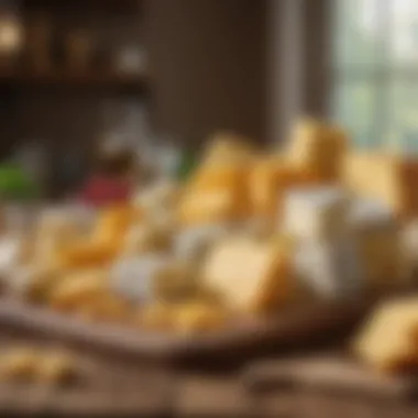 Global Cheese Varieties An array of cheese varieties from different regions displayed in an elegant setting.