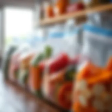 Vacuum-sealed food bags lined up for storage