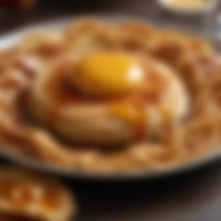 A close-up view of a golden-brown egg pancake ring drizzled with sauce.