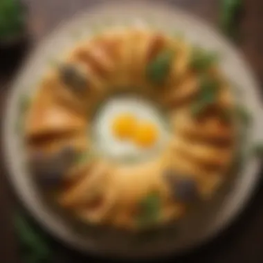 A beautifully arranged egg pancake ring garnished with fresh herbs.