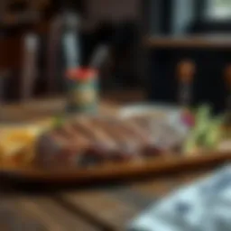 A perfectly grilled Texas steak served on a rustic wooden table