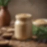 A jar of premium tahini surrounded by sesame seeds and herbs