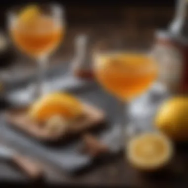 Artful arrangement of Sidecar ingredients: Cognac, orange liqueur, and lemon juice.