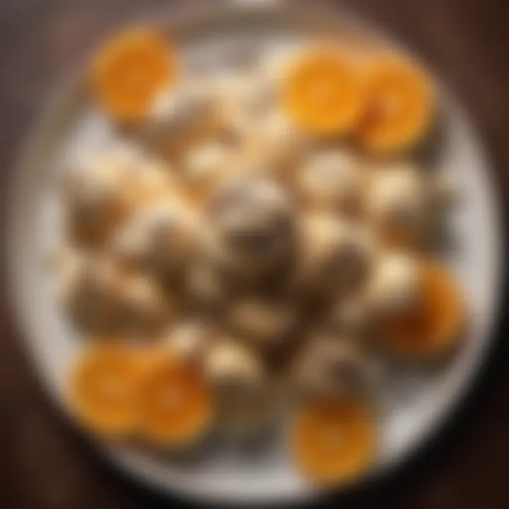 A beautifully arranged platter featuring orange chocolate chip ice cream with orange slices and chocolate shavings.