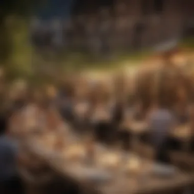 A lively restaurant terrace filled with guests enjoying an outdoor dining experience under string lights.